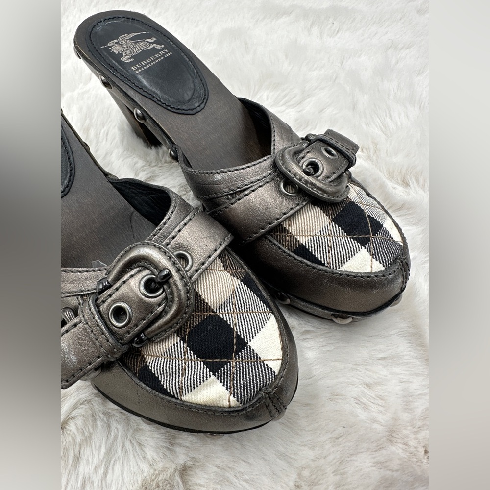Burberry Brown Leather Heeled Clogs Quilted Plaid Vamp 37 US 7 Vintage 2001 nova - Picture 10 of 11